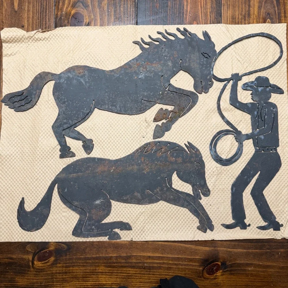Vintage Rustic Metal Cowboy and Horses Wall Art Set 17 Inch Western Silhouette